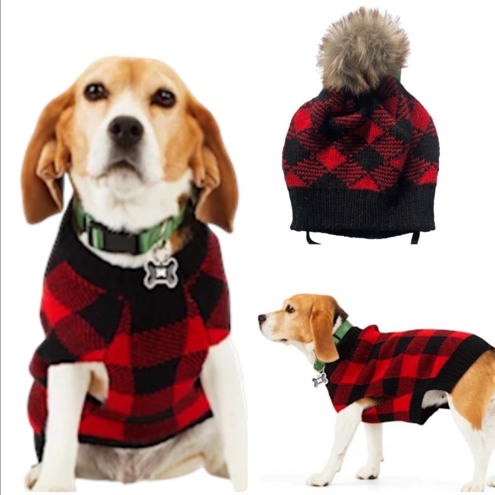 NWT Bundle Hat & Sweater Buffalo Plaid dog L